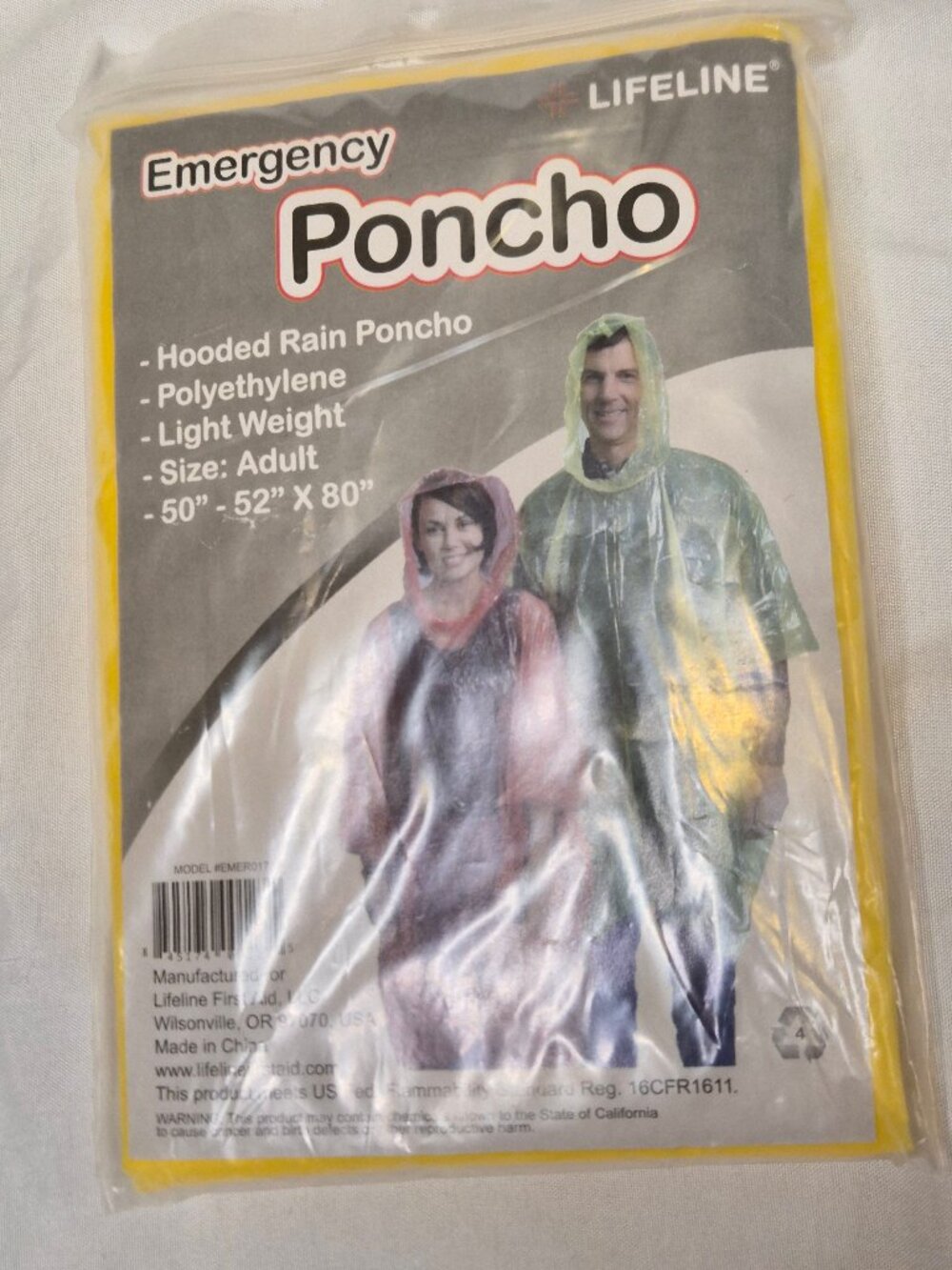 Lifeline Emergency Rain Poncho Yellow Lightweight Hooded Adult Festival NEW NIP